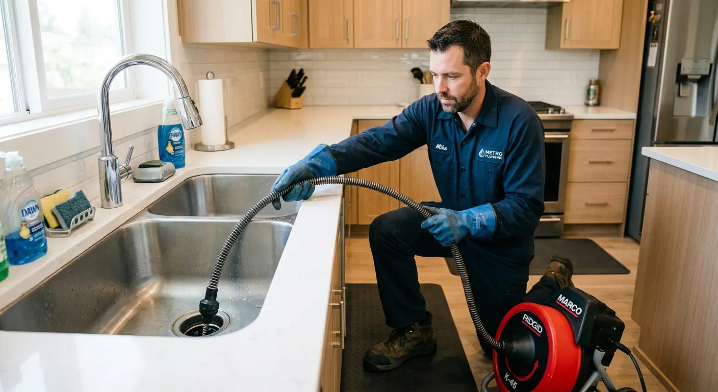 Drain cleaning technician using a motorized snake on a kitchen sink in Raisin