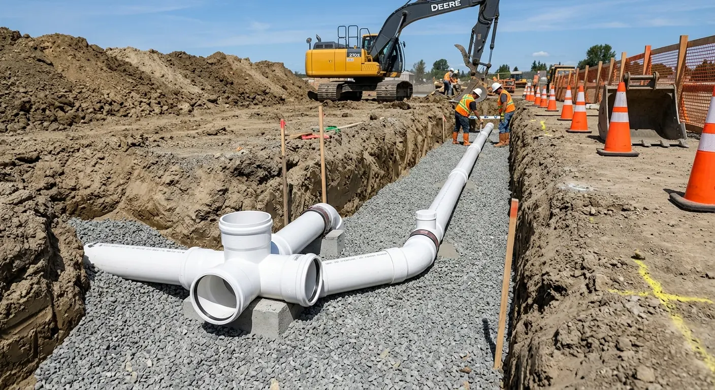 New PVC sewer pipe installation in open trench for Commercial Drain Cleaning in Raisin