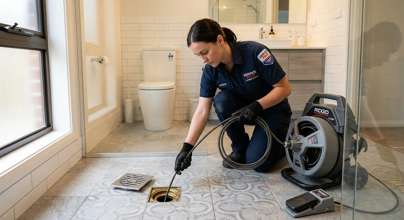 Technician clearing a bathroom floor drain for Hydro Jetting in Raisin